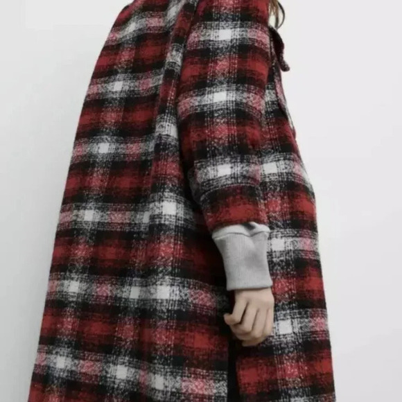 Zara Plaid Overshirt Longline Shacket Jacket Coat NWT Red White Size Medium - Picture 5 of 11
